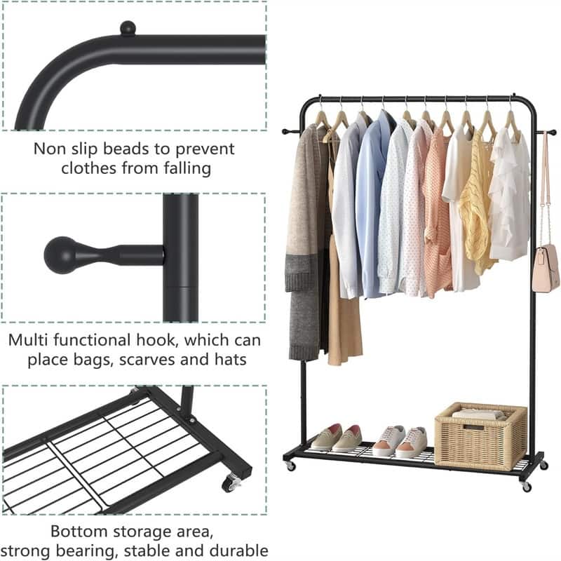Clothing Rack with Bottom Mesh Storage Shelf - 39.76"D x 16"W x 64.56"H