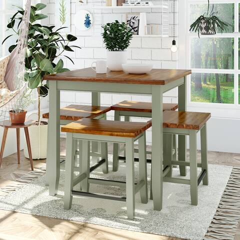 Rustic Green Wooden Dining Table Set, Square Table and 4 Stools