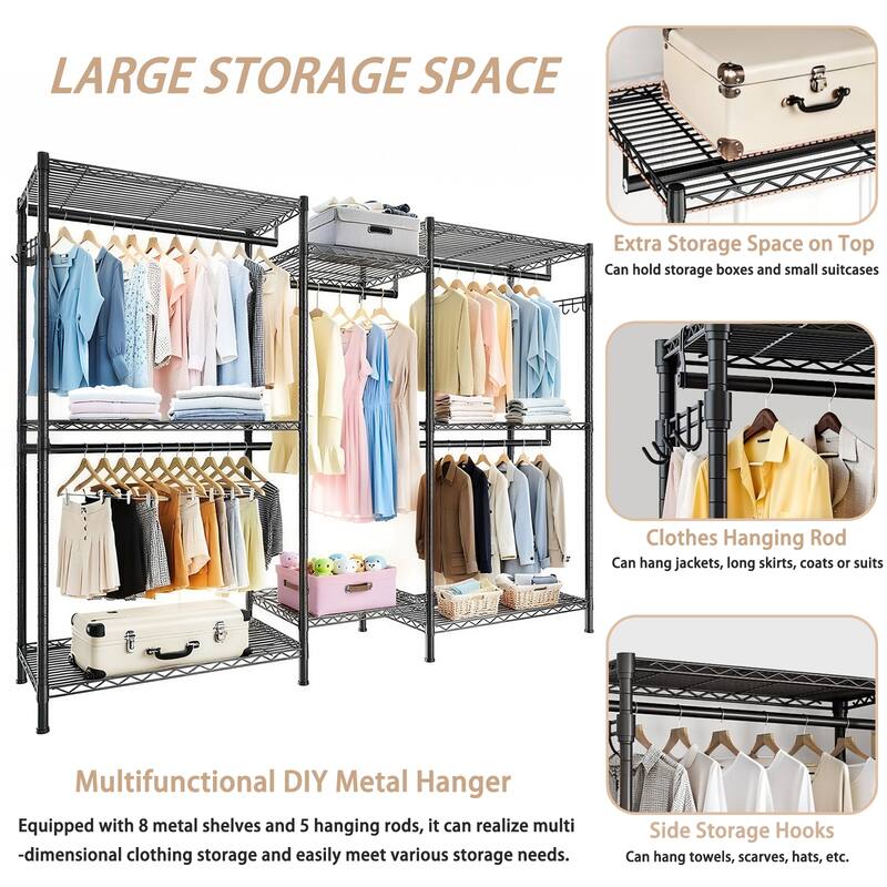 Heavy Duty Garment Rack, Freestanding Closet Organizer, Portable Wardrobe Clothes Rack, Adjustable Wire Shelving Clothes Rack