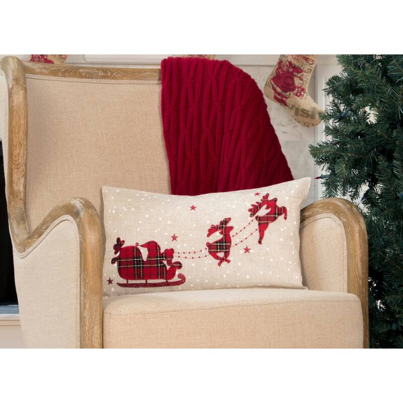 Applique Tartan Santa Sleigh With Reindeers Christmas Pillow, 12 by 20-Inch