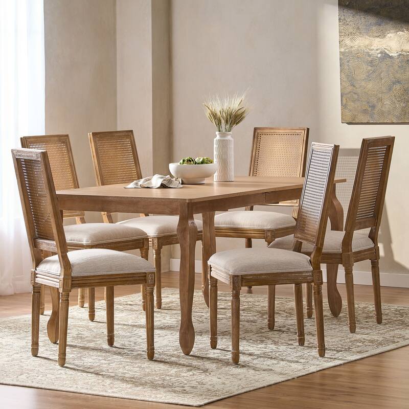 Regan Wood and Cane Upholstered Expandable 7 Piece Dining Set by Christopher Knight Home - Natural Brown/Beige