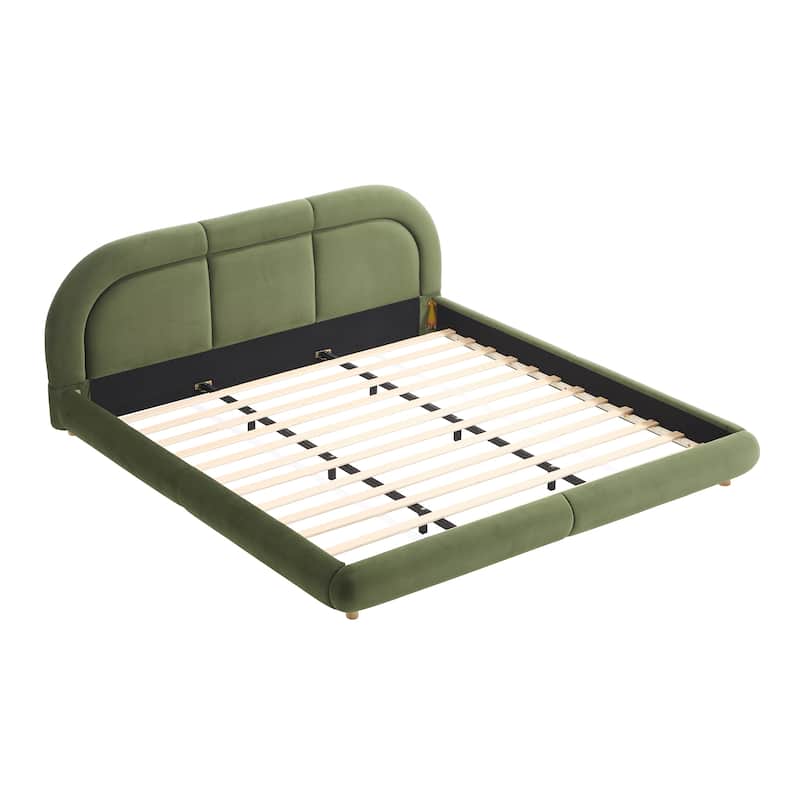 King Size Velvet Upholstered Platform Bed with Curved Headboard