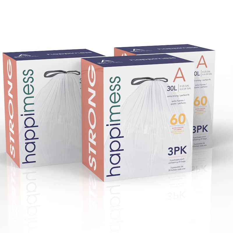 happimess 8-Gallon (30L) Drawstring Trash Can Liner, Clear (60-Count, 3-Packs of 20 Liners)