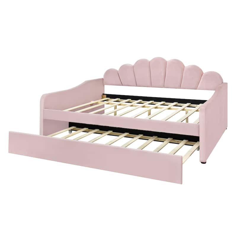Full Size Upholstered Daybed with Trundle, Velvet Shall Shaped Backrest, Curved Arms
