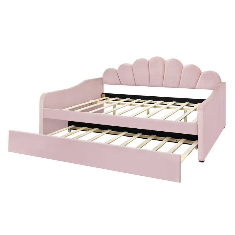 Full Size Velvet Daybed with Elegant Shell Backrest and Trundle, Sturdy Pine Wood Frame