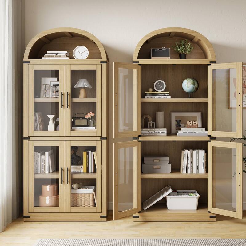 71" Tall Arched Bookshelf - Wooden Bookcase Storage Cabinet Rounded Display Storage Shelves Cabinet