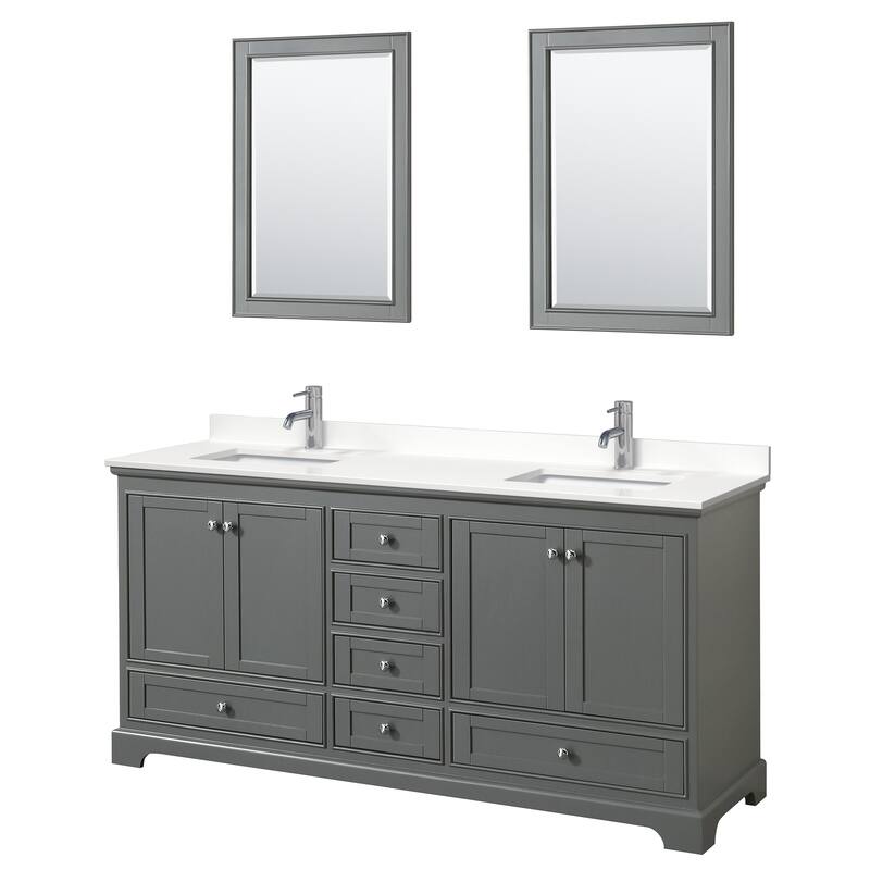 Deborah 72-inch Double Vanity, Quartz Top, 24-inch Mirrors - Dark Gray, Chrome Trim, White Quartz Top