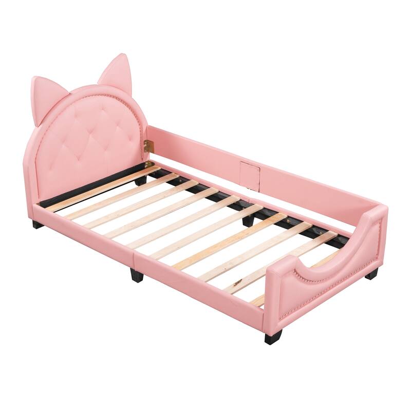 Pink Twin Upholstered Daybed with Carton Ears Headboard, Low-Profile Modern Design