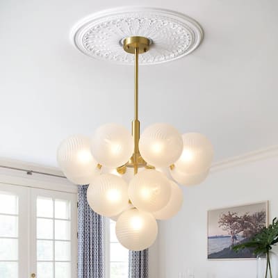 Modern 13-Light Brass Glass Globe Cluster Chandelier