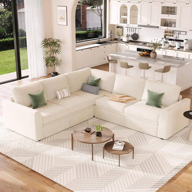 Sectional Sleeper Sofa with Pull Out Bed, Chenille Modular Sectional Sofa L Shaped Couch with Pull Out Couch - Beige