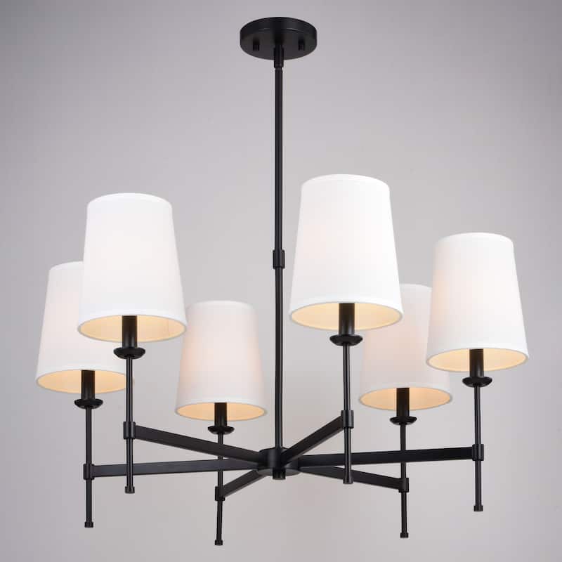 Camden 6 Light Matte Black Chandelier Fixture White Fabric Linen Shade, LED Compatible - 30-in W x 17.75-in H x 30-in D
