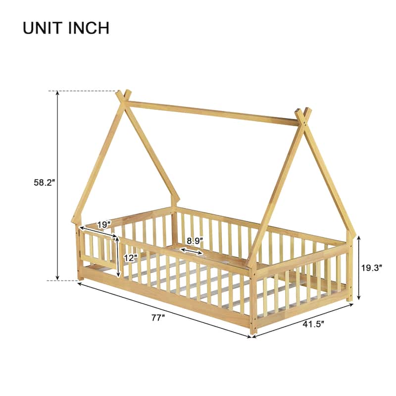 Roomfitters Twin/Full Tent-Shaped Floor Bed with Teepee Frame, Rubber Wood Platform with Guardrails, Slats and Door