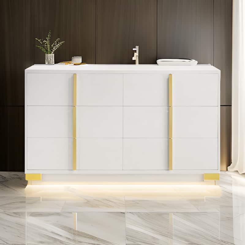 Dex 59 Inch Wide Dresser, 6 Drawers with Long Vertical Gold Handles, White