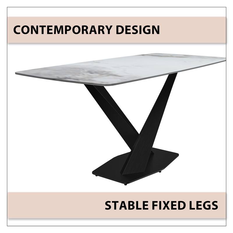 Voren Dining Table with Stone or Glass Tabletop in Black Steel Base