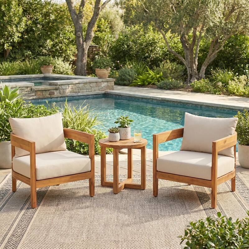Christopher Knight Home - Brooklyn 3-Piece Outdoor Acacia Wood Patio Conversation Set with Wooden Slatted Coffee Table - Light Brown+Beige Cushion