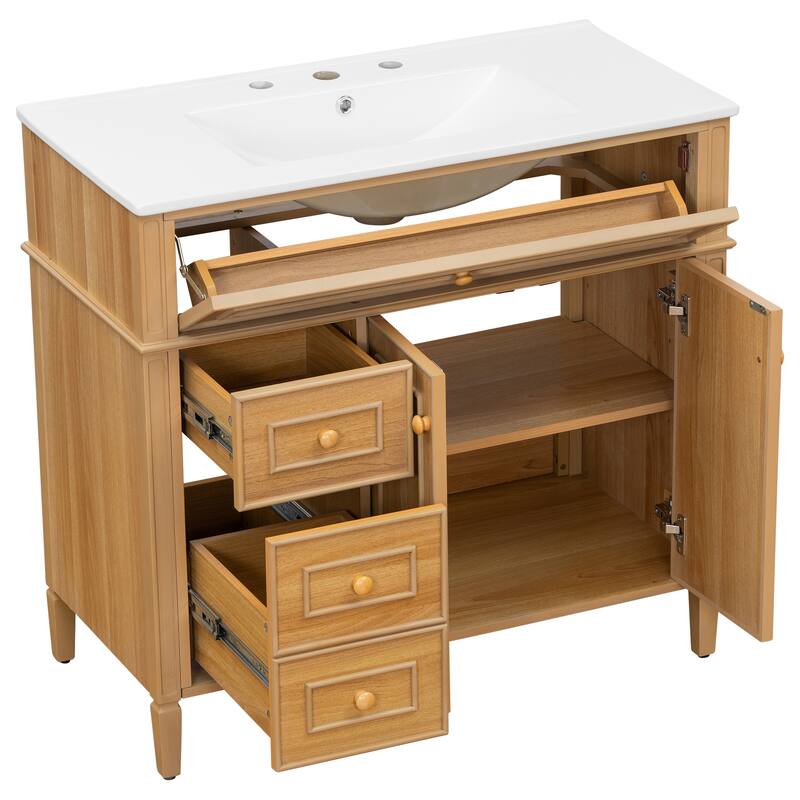 36" Bathroom Vanity with Sink, Solid Wood Frame Bathroom Storage Cabinet, Natural Wood - 36 Inch