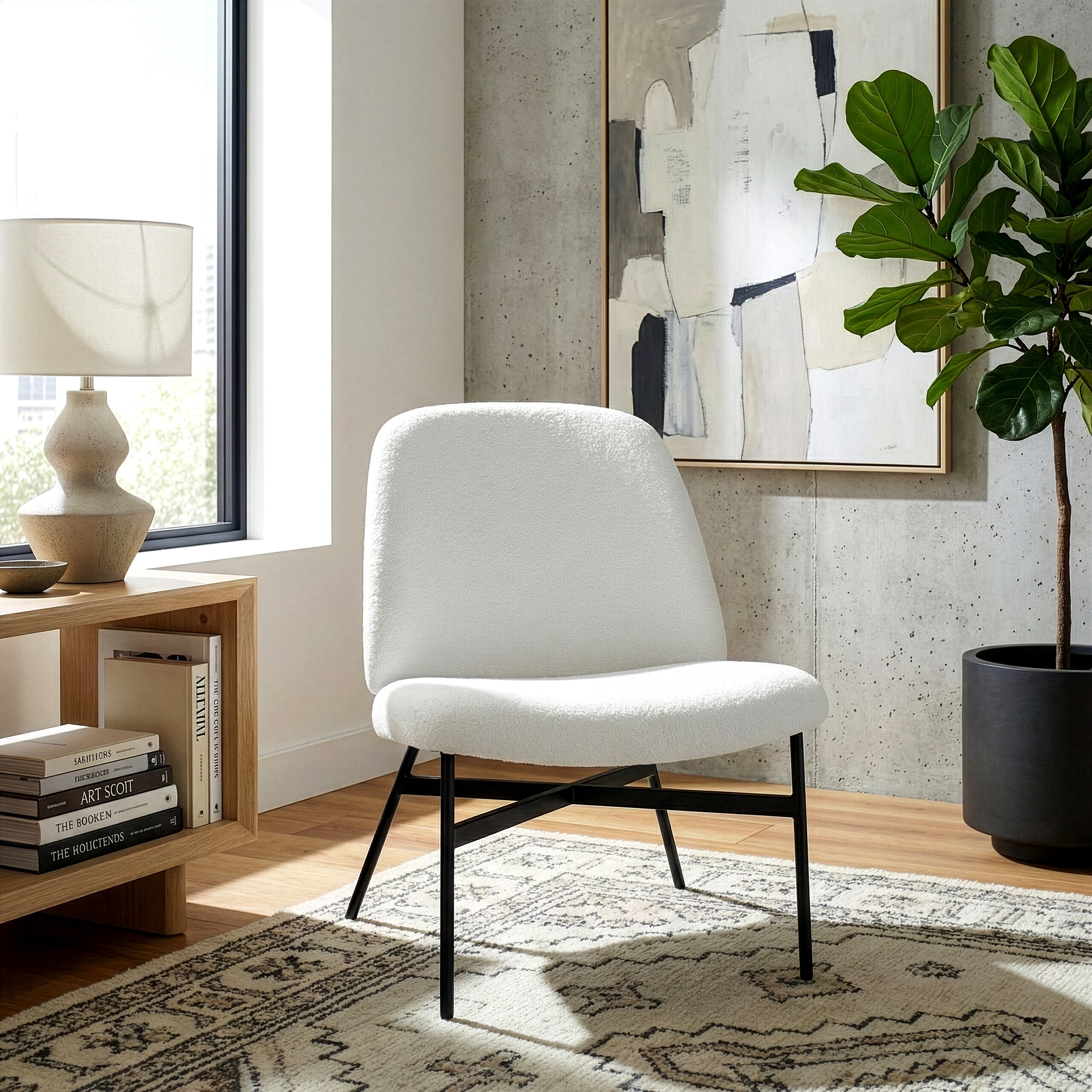 Belhonor White Fabric Accent Chair with Black Metal Legs