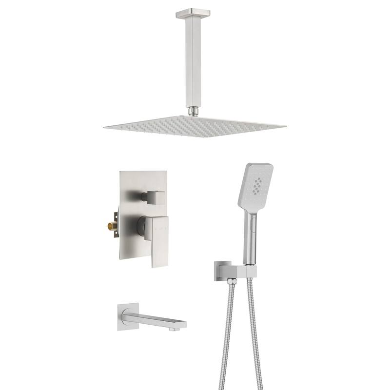 Pressure Balanced Ceiling Mounted 3-Function Shower System with Rough In Valve - Brushed Nickel