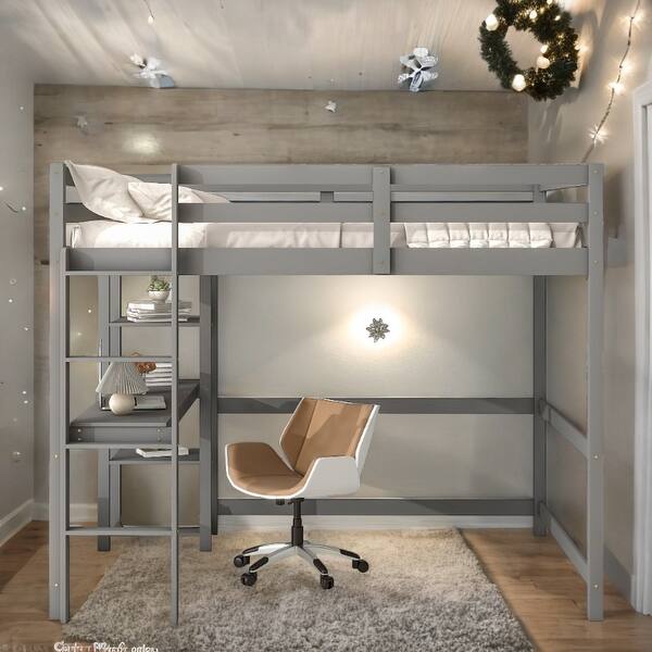 slide 2 of 59, Comprehensive Design Full Size Loft Bed with Desk,Shelves and Ladder Grey
