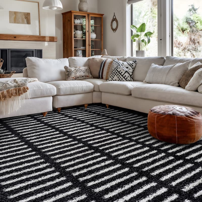 Bohemian Stripe Lines Shag Rug - Textured Surface - Anthracite Dark Gray - Easy to Clean