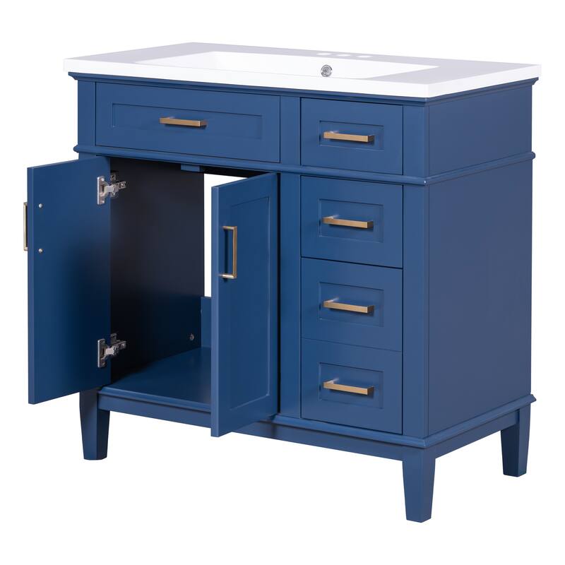 36 inch Solid Wood Bathroom Vanity with Ceramic Sink with Two Soft Close Doors and Four Drawers - 36''