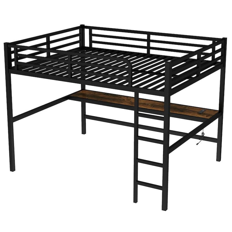 Metal Queen Size Loft Bed with Power Outlet and LED Lighted, Space-Saving, Noise Reduced, White