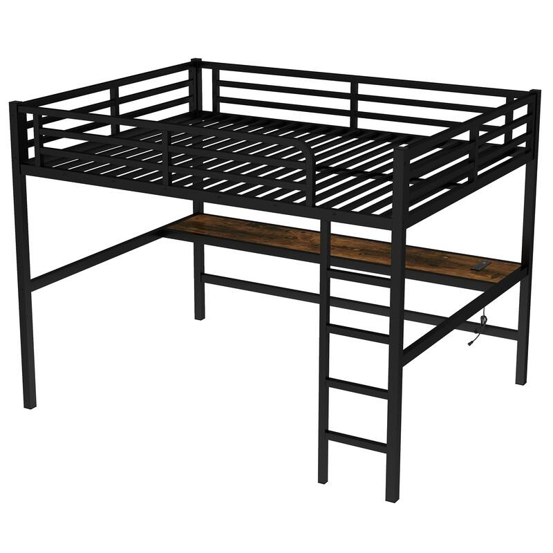 Queen Size Metal Loft Bed with Desk, USB Charging & LED Lights, Space-Saving Design, Black
