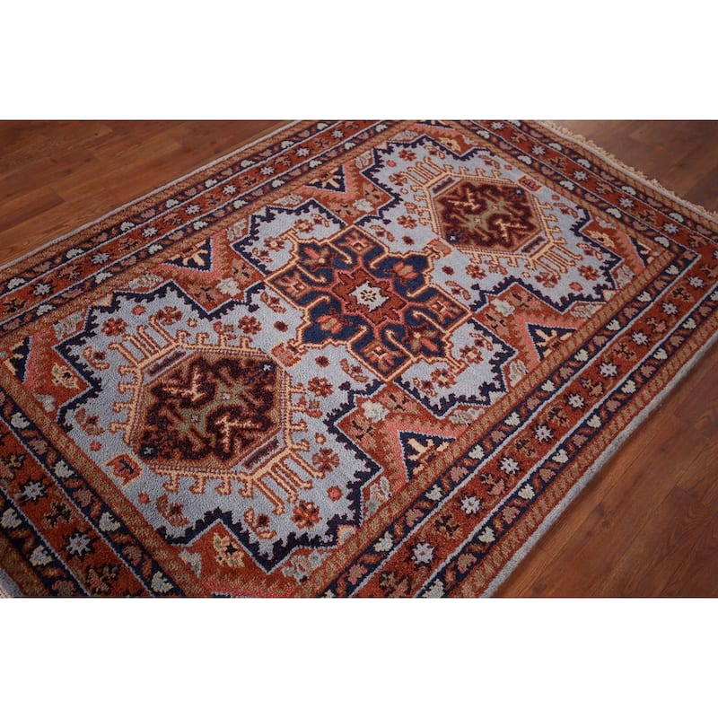 Light Blue Geometric Kazak Oriental Accent Rug Handmade Wool Carpet - 4'0" x 5'11"