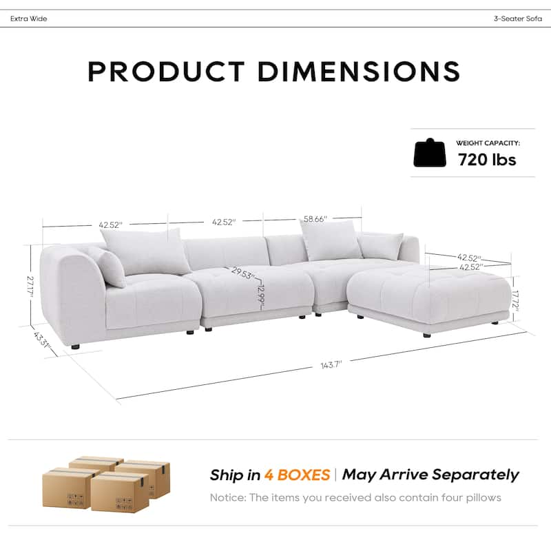 Cloud Modular Sofa Sectional 144" with Ottoman - Plush Chenille Fabric Living Room Couch