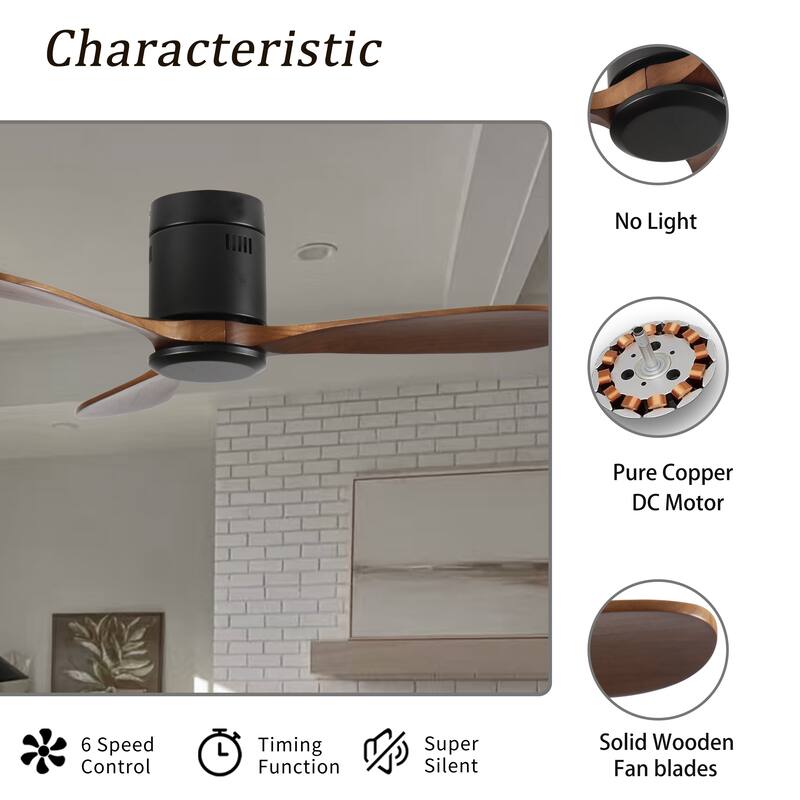 42-Inch Flush Mount Ceiling Fan Without Light, Reversible Quiet DC Motor, Remote Control with 6 Speeds & Timer, Energy Saving