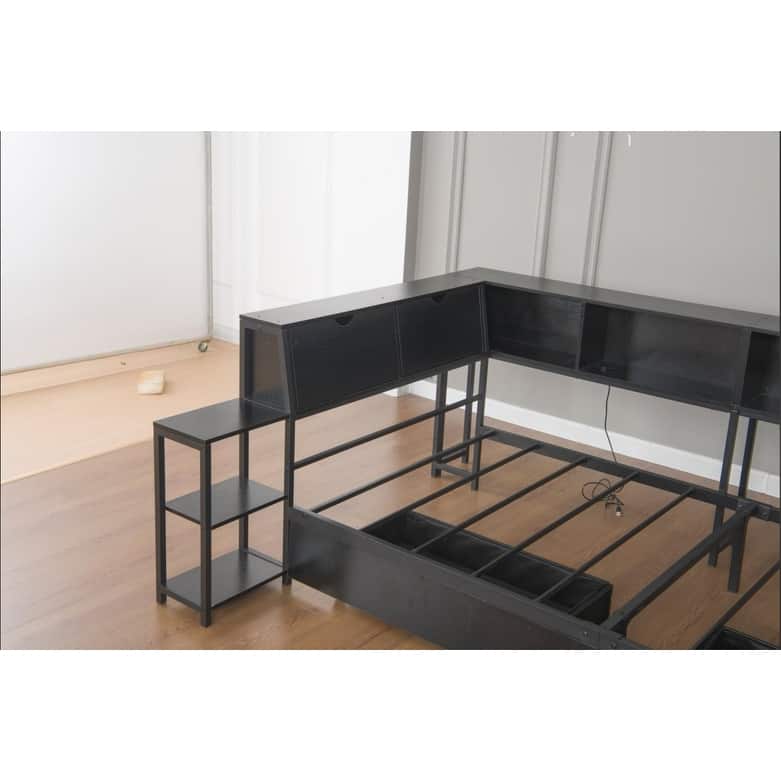 GDFStudio - Modern Corner Bed Frame with Bookcase, 2 Underbed Storage Drawers, LED Lighting & Charging Station