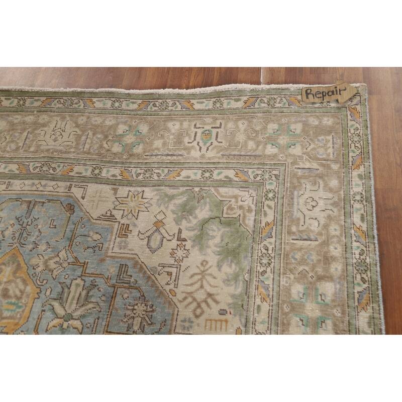 Geometric Blue Tabriz Persian Area Rug Handmade Blue Wool Carpet - 6'7"x 9'8"