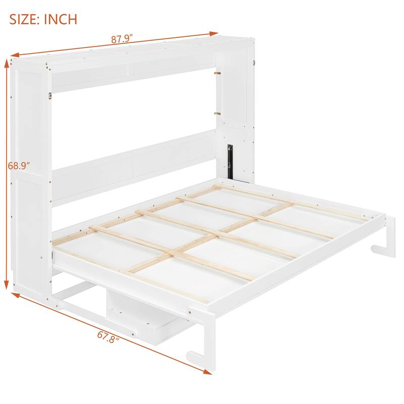 Queen Size Hydraulic Lift Murphy Bed with Vanity Desk and 2 Drawers, Solid Wood Wall Murphy Bed Cabinet, No Box Spring Needed