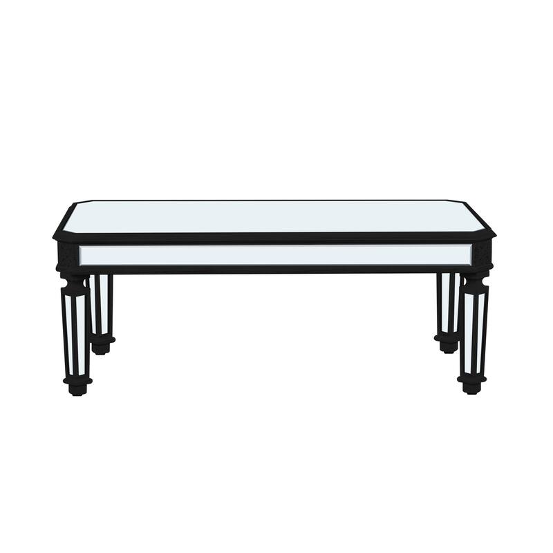 Roomfitters 48" Mirrored Coffee Table, Black Carved Wood Center Table, Rectangle Glass Tea Table for Living Room, Silver