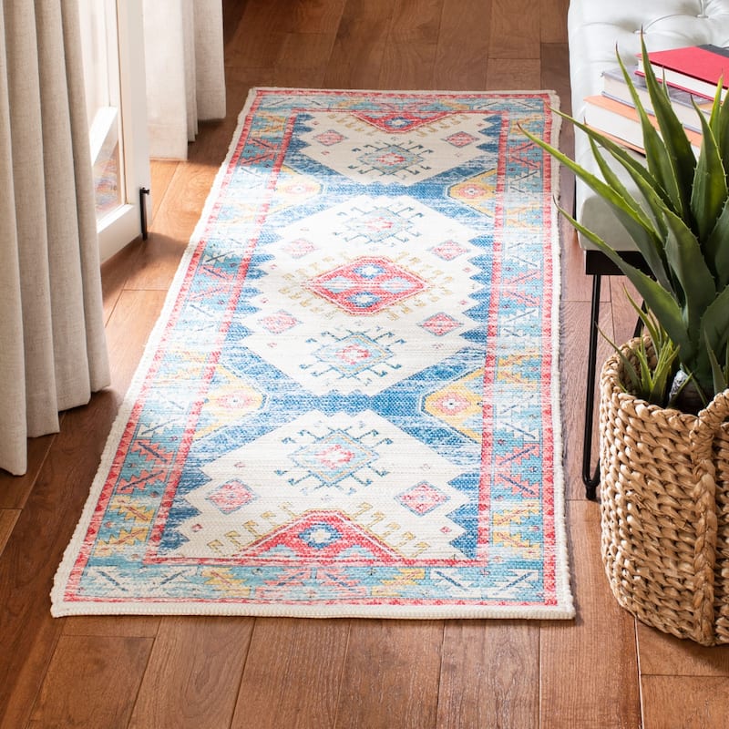 SAFAVIEH Handmade Saffron Miesha Modern Tribal Cotton Rug - 2'3" x 8' Runner - Cream/Blue
