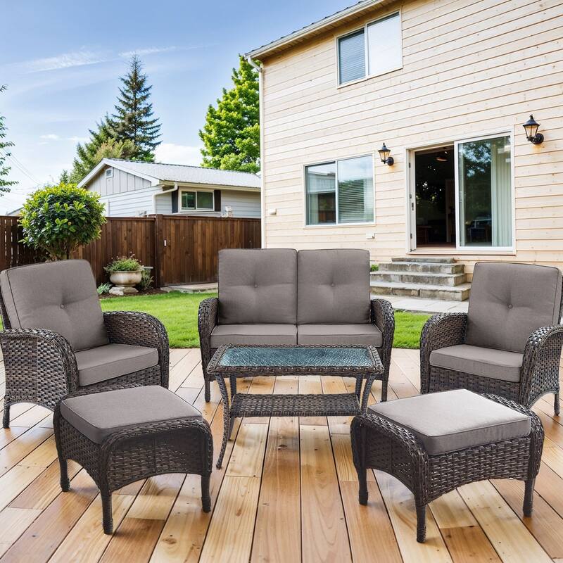 Patio Chairs Ottomans with Sofa Coffee Table -Grey - Brown - Grey - Brown