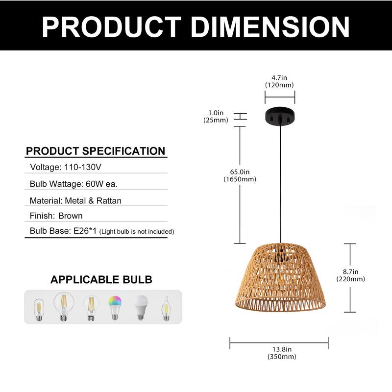 YANSUN BOHO Style Single-Light Paper Rope Woven Pendant Light, E26 Socket for Unique Home Décor - Brown - 13.8*13.8*8.7