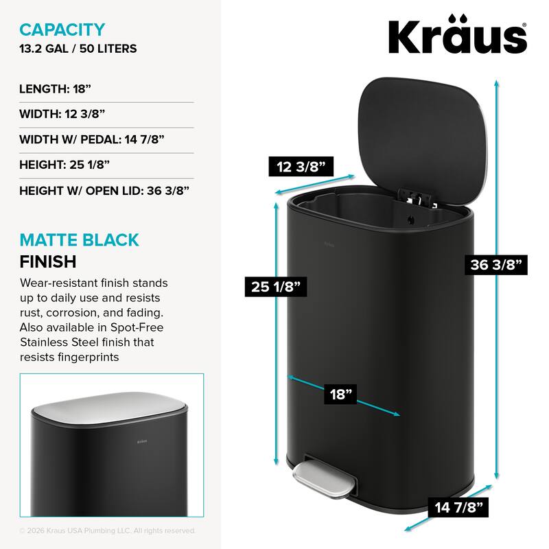 KRAUS WasteGuard 13.2 Gallon 50 Liter Step Pedal Kitchen Trash Can