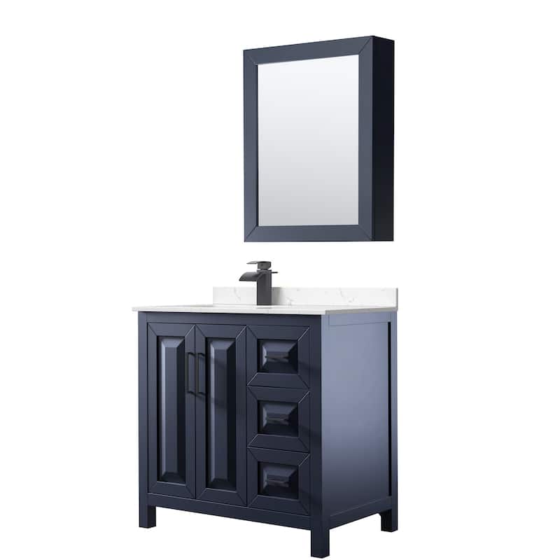 Wyndham Collection WCV252536S-Left-VCA-MED Daria 36" Free Standing - Dark Blue / Carrara Cultured Marble Top / Matte