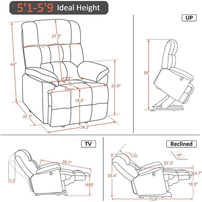 MCombo Power Lift Recliner Chair with Massage, Heat, Adjustable Headrest, Extended Footrest-(PU/Fabric)