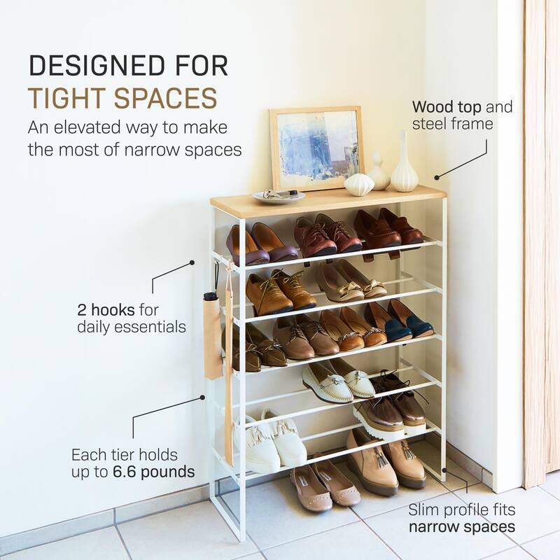 Yamazaki Home Six-Tier Shoe Rack, Steel, Holds 18 to 21 shoes, Holds 39.6 lbs - L 9.84 x W 25.98 x H 34.25 inches