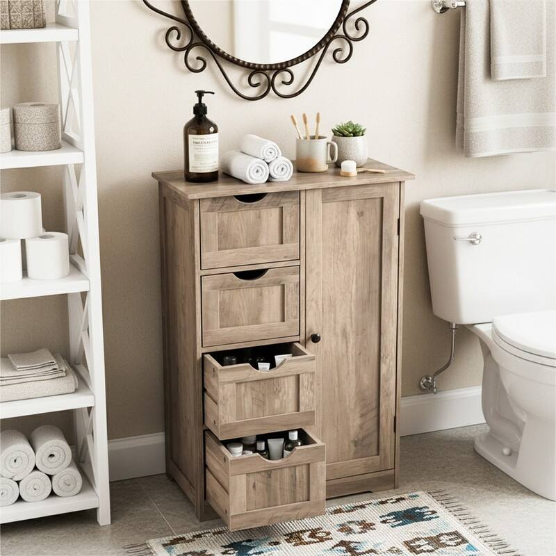 Black Bathroom Storage Cabinet with 4 Drawers and 1 Door