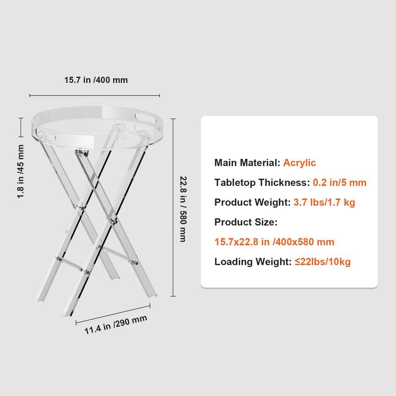 Clear Acrylic Folding Round Tray End Table with X Shape Legs Suitable for Any Room - 15.7” x 22.8”