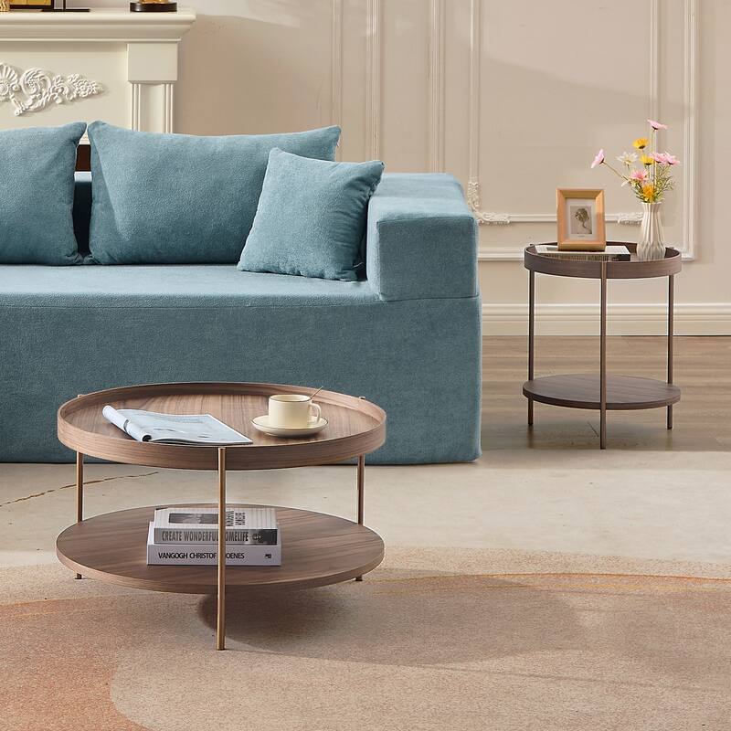 Set of 2 Modern 2 Tier Round Nesting Storage Coffee Table Set for Living Room