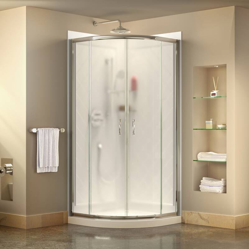 DreamLine Prime 38 in. x 38 in. x 76 3/4 in. H Shower Enclosure, Shower Base and Acrylic Backwall Kit - 38" x 38" - Chrome; White; Frosted Glass
