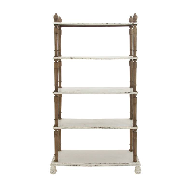 Wood Distressed Turned 5 Shelf Shelving Unit with Brown Spindle Sides and Ball Feet - White - Roche River Decor