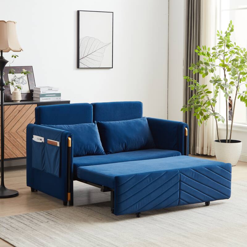 54" Velvet Pull-Out 2-Seater Sofa Bed with Adjustable Backrest & 2 Pillows