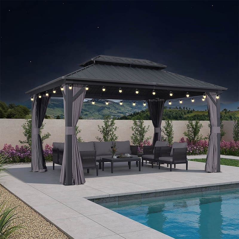 PURPLE LEAF Gazebo Outdoor Gazebo with Dual-Layer Galvanized Steel Double Roof Aluminum Gazebo with Netting and Curtains Grey - 10' x 14' - With light