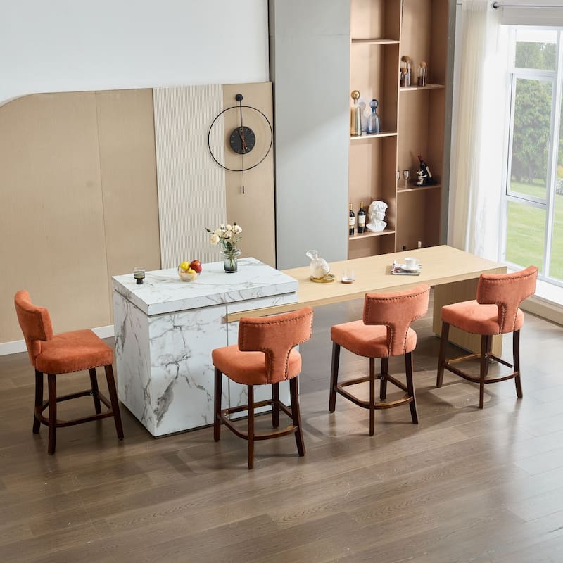 Counter Height Bar Stools Set of 2, Farmhouse Linen Fabric Upholstered Accent Chair Curved Backrest with Copper Nails around
