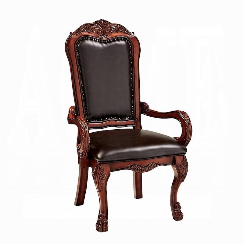 HomeRoots Set of Two Brown Upholstered Faux Leather Queen Anne Back Dining Arm Chairs